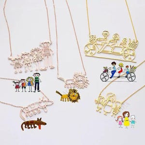 Collar personalizado, collar con garabatos para niños personalizado, collar con dibujos artísticos para niños personalizados, regalos de joyería únicos para mujeres, niños y familia