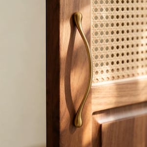 May include: A close-up of a wooden cabinet door with a curved, brass-colored handle. The handle is attached to a dark brown wooden surface. The background features a woven cane panel, adding a touch of texture and warmth to the design.