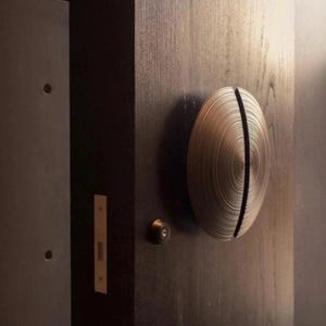 May include: A dark wooden door featuring a large, bronze-toned, circular handle with a split down the middle. The handle has a textured, concentric circle pattern. A small, round doorknob and a rectangular plate are also visible.