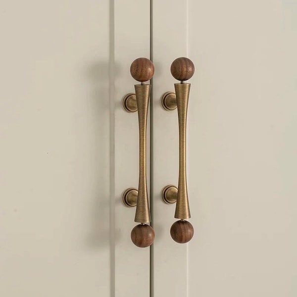Luxury Vintage Walnut Wood Brass Handle Pull, Cabinet Knob, Cabinet Pull, Drawer Pull, Drawer Handle, Closet Handle, Wardrobe Door Handle