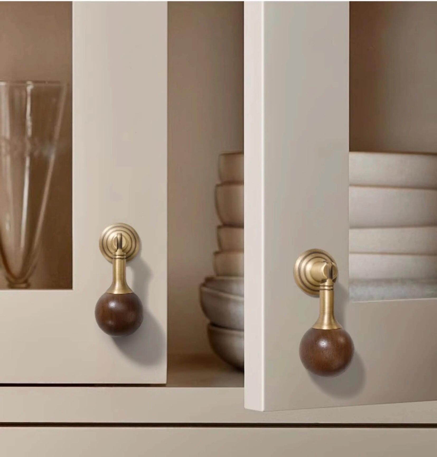 Luxury Brass Walnut Wood Sphere Cabinet Handle, Modern Ball Drawer Pull ...