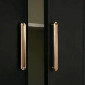 May include: Two black cabinet doors with gold-coloured vertical handles. Each handle features a rounded top and bottom with vertical lines. The handles are mounted on the doors, which are slightly open, revealing a glimpse of the interior.