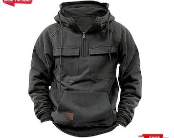 Autumn Winter Men’s Solid Color Hoodie, Multi-Pocket Fleece Patch Pullover Streetwear Sweatshirt