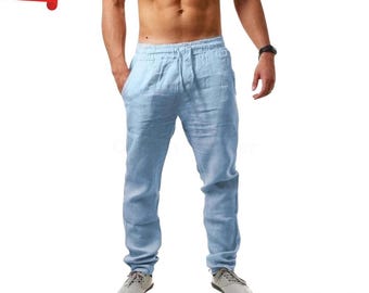 Calças de algodão e linho masculinas com cordão: calças leves para ioga na praia