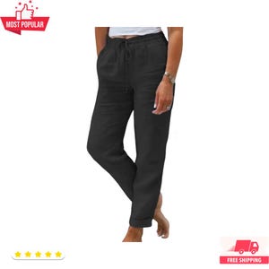 Women High Elastic Waist Casual Summer Trousers, Lightweight Breathable Streetwear Pant For Ladies, Loose Fit Pencil Style Cotton Blend Pant