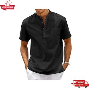 T-shirt Homme Col Henley En Lin/coton - Coupe Slim, Manches Courtes, Neuf Avec étiquette