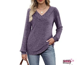 Tuniektop met lange mouwen en V-hals: lichtgewicht gebreide blouse