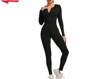 Gerippter Strick-Jumpsuit: Damen Langarm, Bodycon-Strampler mit Reißverschluss
