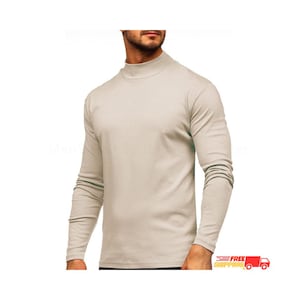 May include: A long-sleeved, beige mock neck shirt. The shirt has a high, rounded collar and a close fit. The sleeves are long and end at the wrists. The shirt is made of a soft, comfortable material.