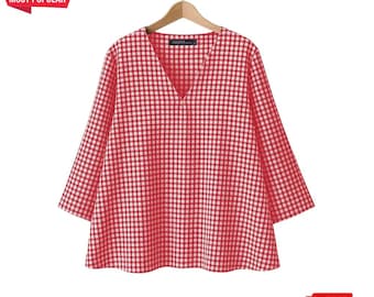 Vintage Gingham Blouse: Women's Loose Fit V-Neck Top