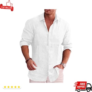 Può includere: Una camicia bianca a maniche lunghe con un design button-down. La camicia ha un colletto classico ed è realizzata in un tessuto leggero. L'immagine include una grafica "Top Seller" e una grafica "Spedizione gratuita".