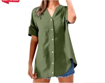 Women's V-Neck Button Tunic Top: Soft Cotton Blend, Everyday Wear