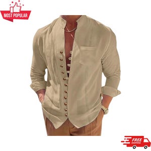 May include: A tan long-sleeve shirt with a mandarin collar and a row of buttons down the front. The shirt has a chest pocket and rolled-up sleeves. A "MOST POPULAR" graphic is in the upper left corner.