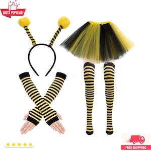 Pode incluir: Um conjunto de fantasia com tema de abelha. Inclui uma tiara preta com pompons amarelos, aquecedores de braço listrados em preto e amarelo, uma saia tutu preta e amarela e meias altas listradas em preto e amarelo. Ideal para festas.