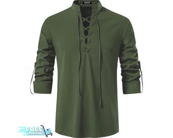 Men's Cotton Renaissance Lace-Up Shirt: Medieval Viking Pirate Cosplay