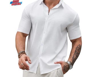Men's Lapel Short Sleeve Shirt: Black & White Casual Button-Down