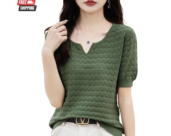 Cotton Knit V-Neck T-Shirt: Women's Loose Fit Summer Tee