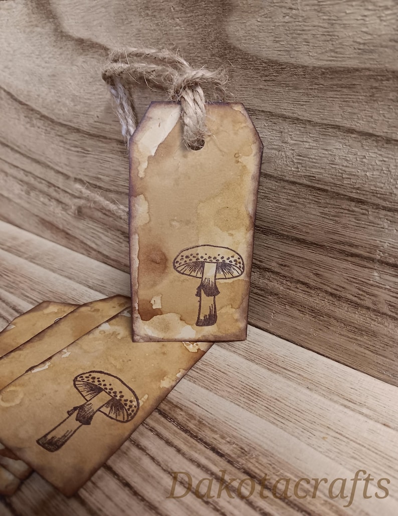 Coffee-stained mushroom jar tags