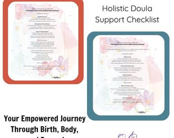 May include: Two checklists with floral accents and text. One is in a red frame, the other in a blue frame. The text reads "Holistic Doula Support Checklist" and "Your Empowered Journey Through Birth, Body, and Beyond."