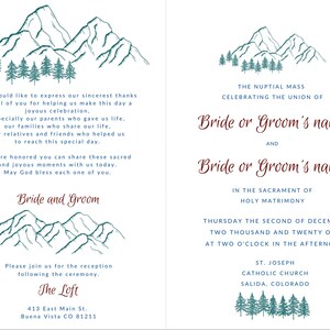 May include: A wedding invitation with a mountain range illustration in teal and black. The text reads "Bride or Groom's name and Bride or Groom's name" in a burgundy font. The invitation details the nuptial mass, date, time, and location at St. Joseph Catholic Church in Salida, Colorado.