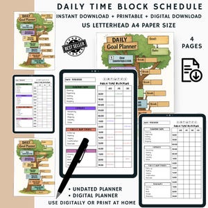 以下が含まれることがあります： デジタルおよび印刷可能な毎日のタイムブロックスケジュール。目標プランナーのデザインです。画像には、木をテーマにした目標プランナーや詳細なタイムブロッキングテンプレートなど、いくつかのレイアウトが表示されています。プランナーは日付なしです。