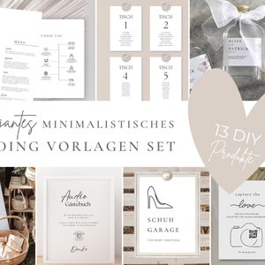 Ensemble de modèles de mariage élégants | Conception DIY minimaliste pour Canva à télécharger instantanément | 13 modèles PDF personnalisables | Menu, livre audio et bien plus encore.