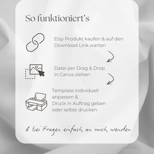 May include: A white informational card with the heading So funktioniert's. It displays three steps with icons: a link icon for purchasing, a computer mouse and image icon for dragging files into Canva, and a printer icon for printing.