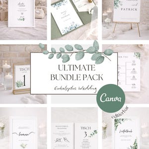 Può includere: Una collezione di articoli di cancelleria per matrimoni con disegni di eucalipto. Include cartelli con cornice, numeri di tavolo, inviti e biglietti informativi. Il testo include nomi, numeri di tavolo e dettagli dell'evento. Il tema è un matrimonio rustico e botanico.