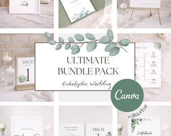 Eucalyptus Wedding Stationery Set | Pocketfold Invitation & Decor Bundle | Greenery Wedding 2026 | Canva Templates DIY