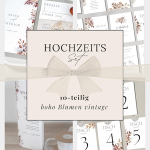 Puede incluir: Un juego de papelería de boda con un tema floral vintage bohemio. El juego incluye tarjetas de invitación, números de mesa y tarjetas de detalles. Las tarjetas presentan acentos florales y el texto "Hochzeits Set" y "10-teilig boho Blumen vintage".