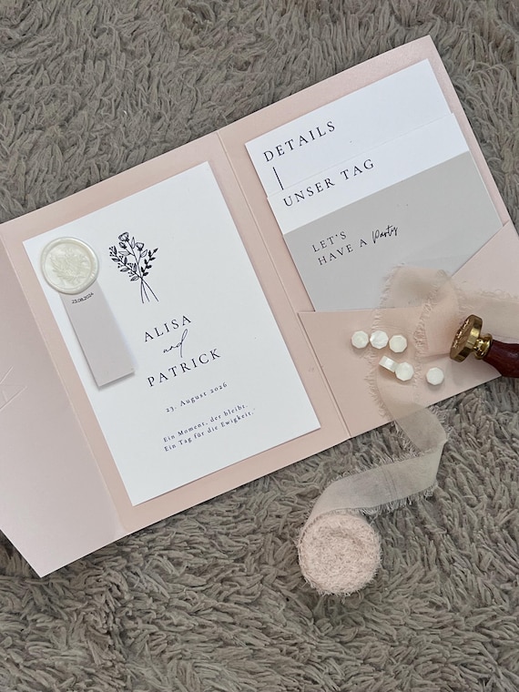 Hochzeitseinladung elegant floral minimalistisch | Canva PDF Vorlage zum Ausdrucken | Pocketfold DIY Hochzeit | Sofort Download