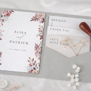 Boho floral wedding invitation, vintage red and brown | Canva PDF template for printing | Pocketfold DIY wedding | Instant download