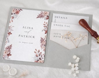 Boho floral wedding invitation, vintage red and brown | Canva PDF template for printing | Pocketfold DIY wedding | Instant download