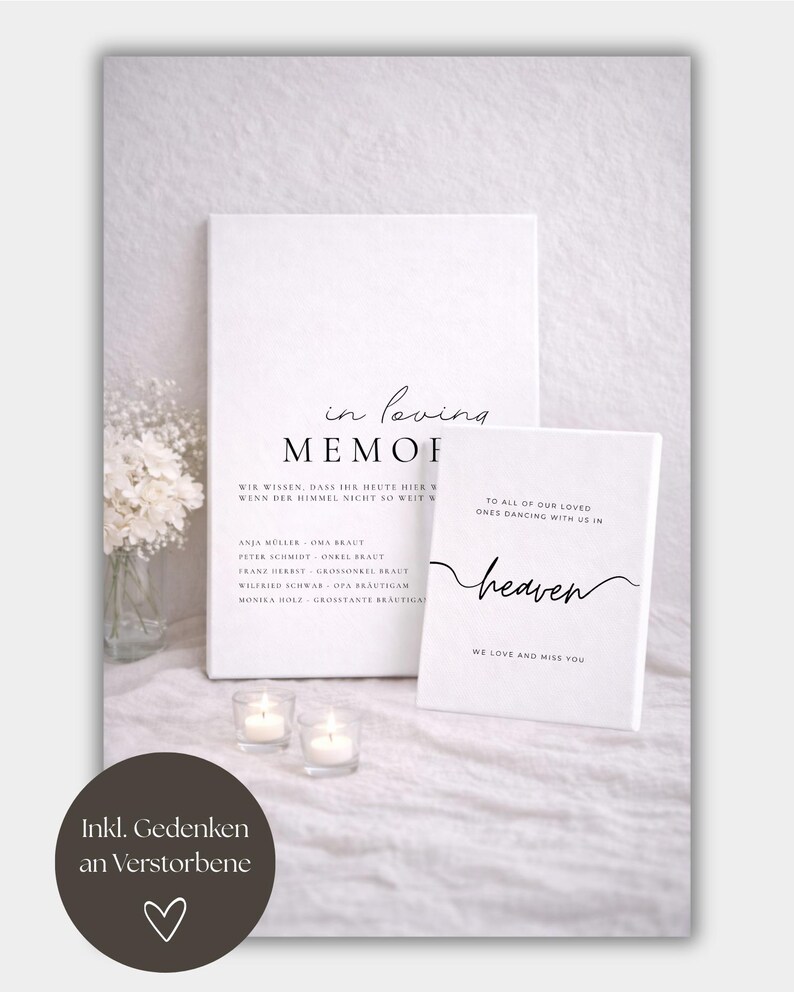May include: Two white rectangular memorial signs with black text. The larger sign reads in loving memory and lists names. The smaller sign reads to all of our loved ones dancing with us in heaven. Both signs feature elegant serif and script typography.