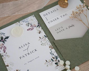 Boho floral & minimalist wedding invitation | Canva PDF template for printing | Pocketfold DIY wedding | Instant download