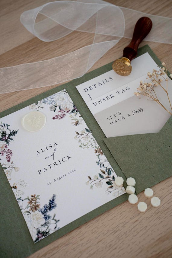 Hochzeitseinladung boho Blumen floral & minimalistisch | Canva PDF Vorlage zum Ausdrucken | Pocketfold DIY Hochzeit | Sofort Download