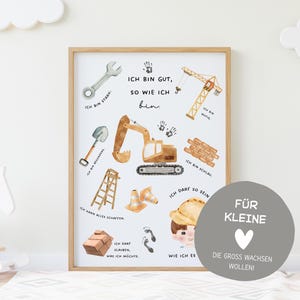 Affirmationsposter Kinderzimmer Bagger Baustelle | Kinderrechte Bild | Mut & Selbstliebe | für Rituale und Geschenke | sofort Download