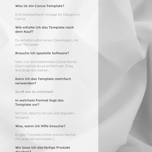 May include: A white informational document titled FAQ featuring text in German regarding Canva templates, including questions about software requirements, usage, file formats, and printing options, set against a soft, draped fabric background.