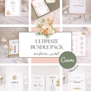 Pode incluir: Uma coleção de artigos de papelaria para casamentos, incluindo convites, números de mesa e sinalização. Os designs apresentam arranjos florais em tons de pêssego e creme, com o texto "ALISA e PATRICK" e "ULTIMATE BUNDLE PACK".