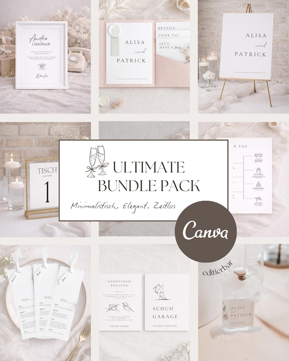 Elegantes, stressfreies Hochzeitsvorlagen-Set | mit pocketfold Einladung DIY Canva sofort download | 14 einheitliche anpassbare Vorlagen