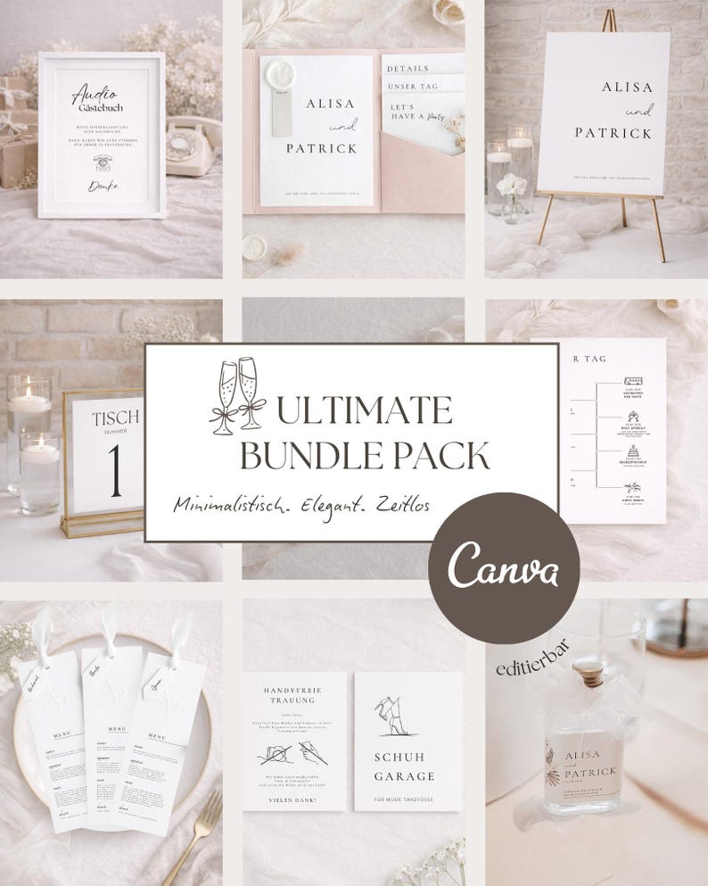 May include: A collection of wedding stationery templates including a sign for an audio guestbook, invitation suite with wax seal, welcome sign, table number, seating chart, menu cards, signage for a phone-free ceremony, shoe station, and a favor tag.