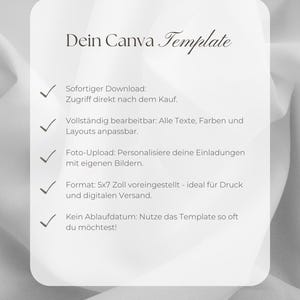 以下が含まれることがあります： 角が丸い白いデジタルテンプレート画像。テキスト「Dein Canva Template」と、即時ダウンロード、完全編集可能、写真アップロード、5x7インチ形式、有効期限なしといった機能を説明するドイツ語の5つの箇条書きリストが含まれています。