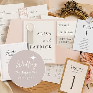 Hochzeitseinladungs-Set als Canva Vorlage – Menü, Tischkarten und Einladungen zum Ausdrucken