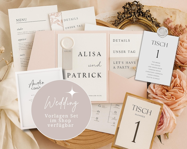 Hochzeitseinladungs-Set als Canva Vorlage – Menü, Tischkarten und Einladungen zum Ausdrucken