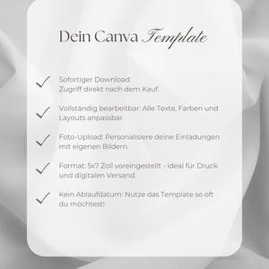 May include: A white digital template graphic with the text 'Dein Canva Template' and a list of five features marked with checkmarks, including details about instant download, full editability, photo upload, 5x7 inch format, and no expiration date.