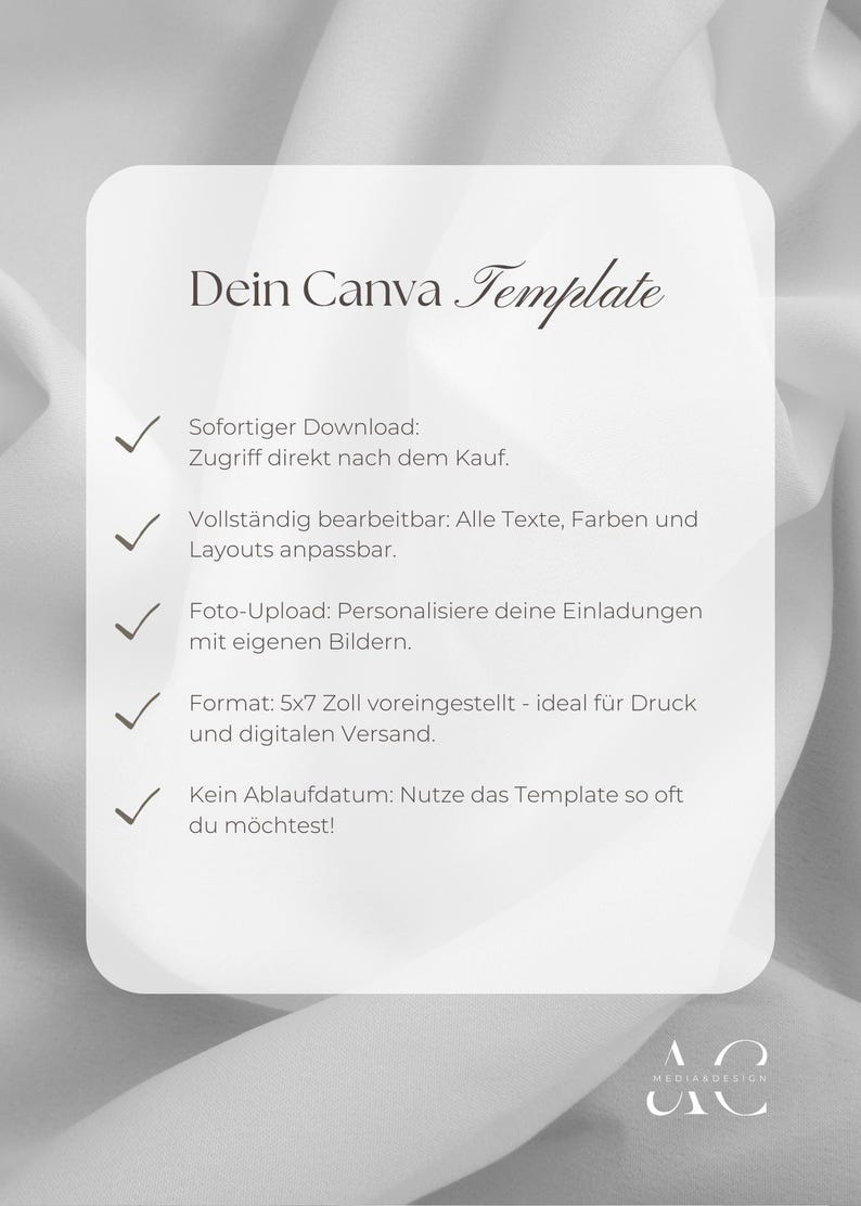 May include: A white digital template graphic with the text 'Dein Canva Template' and a list of five features marked with checkmarks, including details about instant download, full editability, photo upload, 5x7 inch format, and no expiration date.