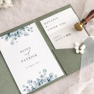 Hochzeitseinladung Eukalyptus | elegant minimalistisch | Canva PDF Vorlage zum Ausdrucken | Pocketfold DIY Hochzeit | Sofort Download