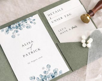 Eucalyptus Wedding Invitation | Elegant and Minimalist | Printable Canva PDF Template | DIY Pocketfold Wedding | Instant Download