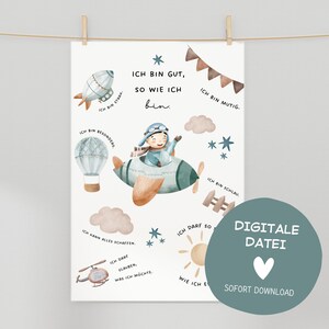 Affirmationsposter Kinderzimmer Flieger, Flugzeug | Kinderrechte Bild | Mut & Selbstliebe | für Rituale, Geschenke | sofort Download