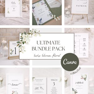 Boho floral, stress-free wedding template set | with pocketfold invitation DIY Canva instant download | 10 uniform customizable templates